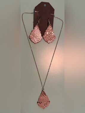 Silver and Tan Scalloped Suede Snakeskin Print Necklace & Drop Earring Set